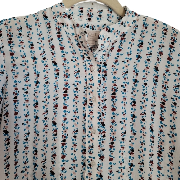 Loft Blouse XXSP Petite White Floral Long Sleeve Henley High Low - Picture 2 of 8